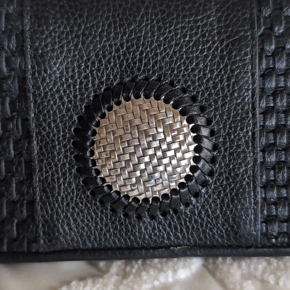 Brighton Talana Large Slim Wallet Woven Black Leather With Silver Medallion NWOT